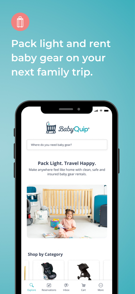 BabyQuip - Baby Gear Rentals - 旅行中にベビーベッドやベビーカーなどのベビー用品をレンタルするためのBabyQuipモバイルアプリのインターフェース