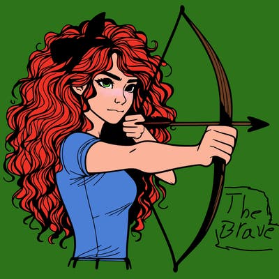a woman with curly and messy hair using a bow to shoot arrow realistic