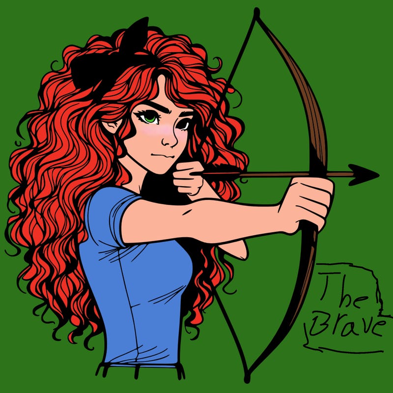 a woman with curly and messy hair using a bow to shoot arrow realistic