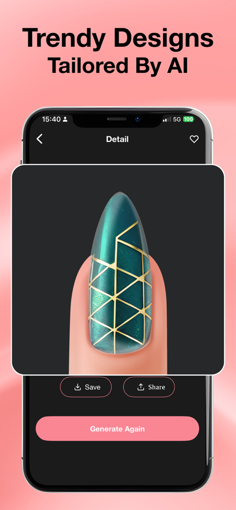 AI Nail Generator Nail Design - A smartphone screen displaying an AI generated teal nail design with gold geometric lines