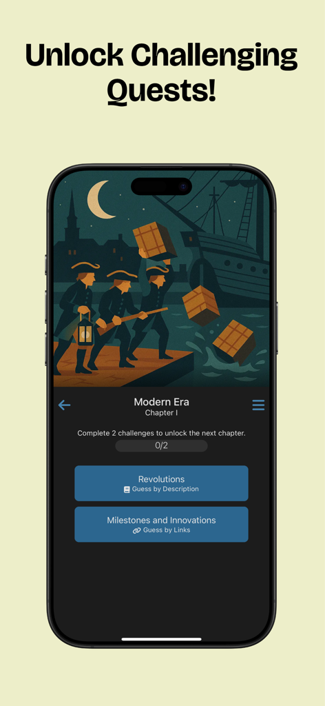 LinkQuiz: Trivia & Knowledge - LinkQuiz app interface showing a history quest in the Modern Era chapter with challenges to unlock the next level