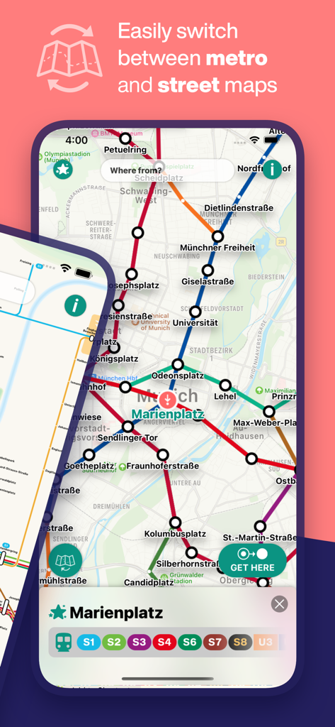 Interfaz de la aplicación Munich Metro mostrando la capacidad de cambiar entre mapas del metro y de la calle.