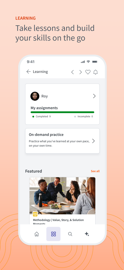 Mobile learning dashboard in the Seismic app featuring sales training assignments and skills development lessons.