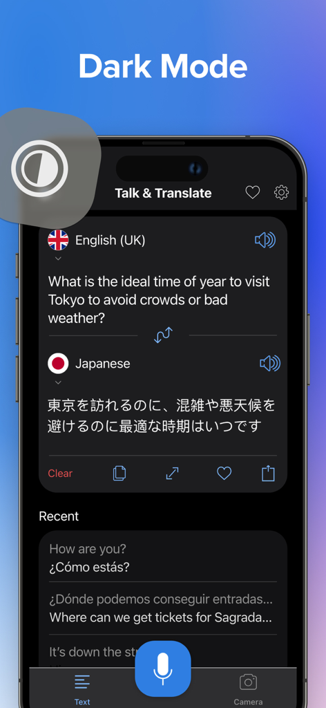 Talk & Translate AI Translator - Schermata dello smartphone che mostra l'app Talk and Translate AI in modalità scura mentre traduce dall'inglese al giapponese