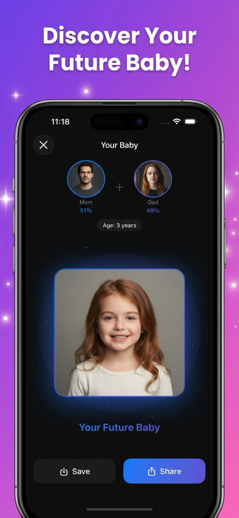 Baby Generator AI - Future - Pantalla de smartphone mostrando una futura bebé realista generada por IA con entradas de fotos de los padres y opciones para compartir.