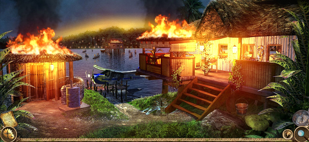 Black Rainbow Mystery - Cabañas en llamas en una aldea de la jungla amazónica con un hidroavión atracado en un muelle.