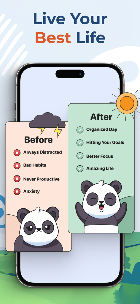 Cub: Self Care Pet & Focus - A before and after comparison showing life improvements from using the Cub self care pet app