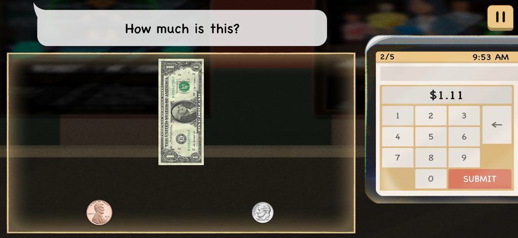 Cash Skills Collection - A screenshot from the Cash Skills Collection app showing a one-dollar bill, a penny, and a dime with a numerical keypad to enter the total amount.