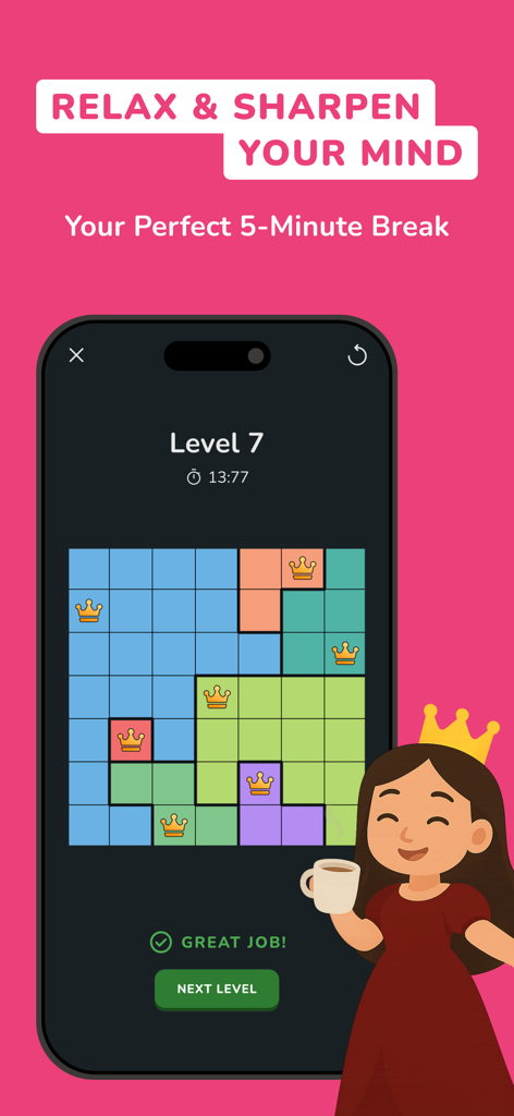 Queens: Board Puzzle Games - Pantalla de finalización de nivel de Queens Board Puzzle Games con una colorida cuadrícula y un personaje de reina