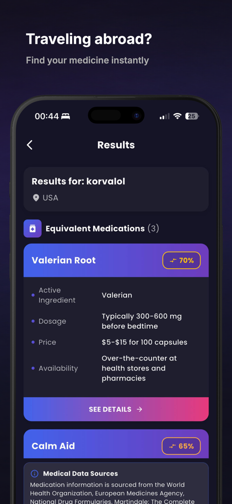 MedMatch Pro - MedMatch Pro app interface showing search results for medication equivalents including dosage and active ingredients