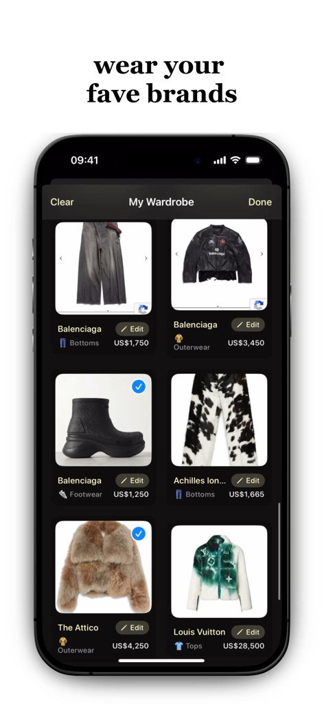 Interface of the dreamfits app showing a digital wardrobe with luxury fashion items from Balenciaga and Louis Vuitton.