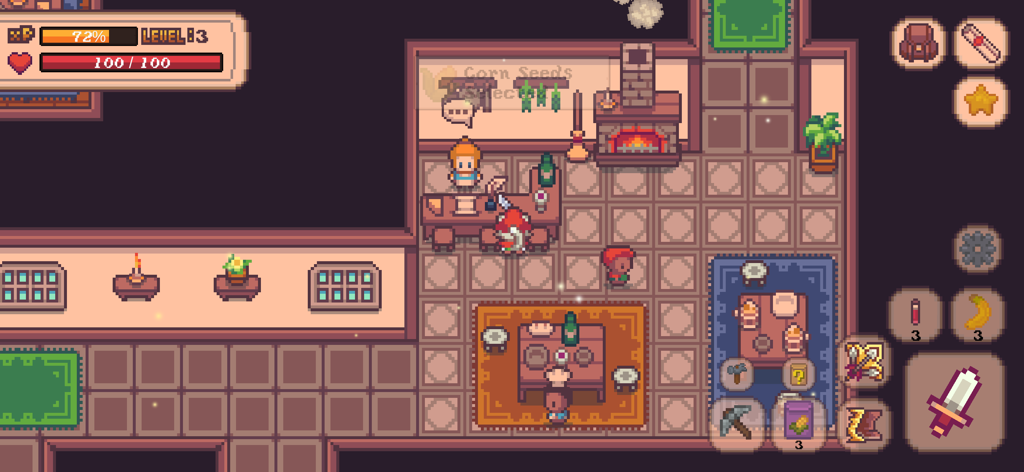 Megis Adventure - Gemütliches Pixel-Art-Taverneninterieur in Megis Adventure mit Retro-RPG-UI-Elementen