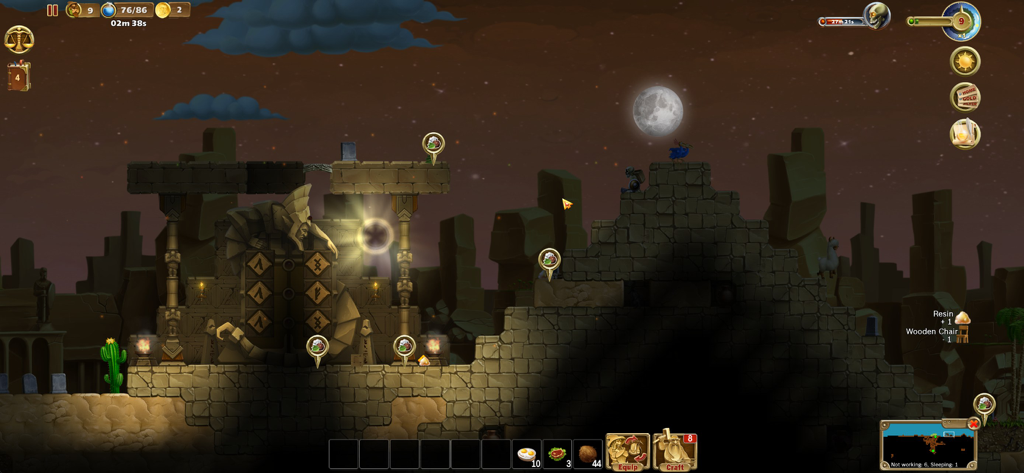 Craft The World-Pocket Edition - A nighttime gameplay scene from Craft The World Pocket Edition featuring a desert biome with ancient stone ruins and a full moon