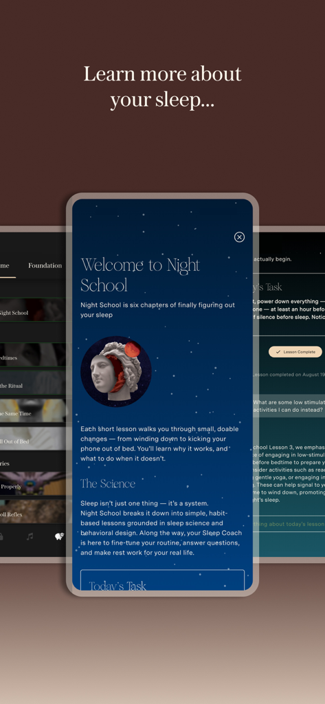 Loftie - Loftie app interface showing the Welcome to Night School screen with science-based sleep education and a dark starry aesthetic.