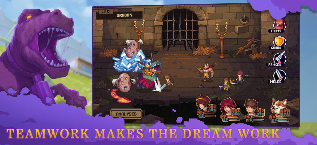 A pixel art tactical battle scene in Bloomtown A Different Story featuring a team of characters and monsters in a dungeon environment.
