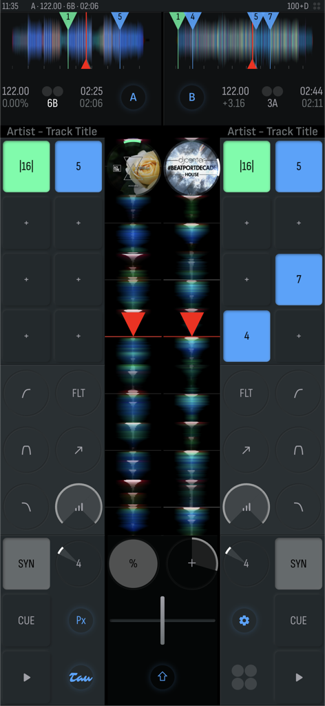 Tau DJ v1i - 전문 믹싱을 위한 수직 파형과 퍼포먼스 패드를 특징으로 하는 정교한 모바일 DJ 믹서 인터페이스