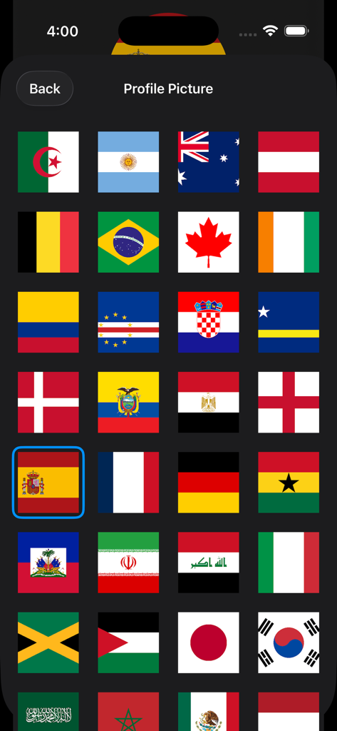 A selection screen in the WC 2026 Predictor app showing a grid of national flags to choose as a profile picture.