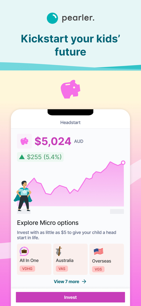Pantalla de la aplicación móvil Pearler para la función Headstart para invertir para niños con un gráfico de crecimiento y opciones de inversión.