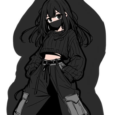 anime teen girl with baggy pants and crop top with sweater