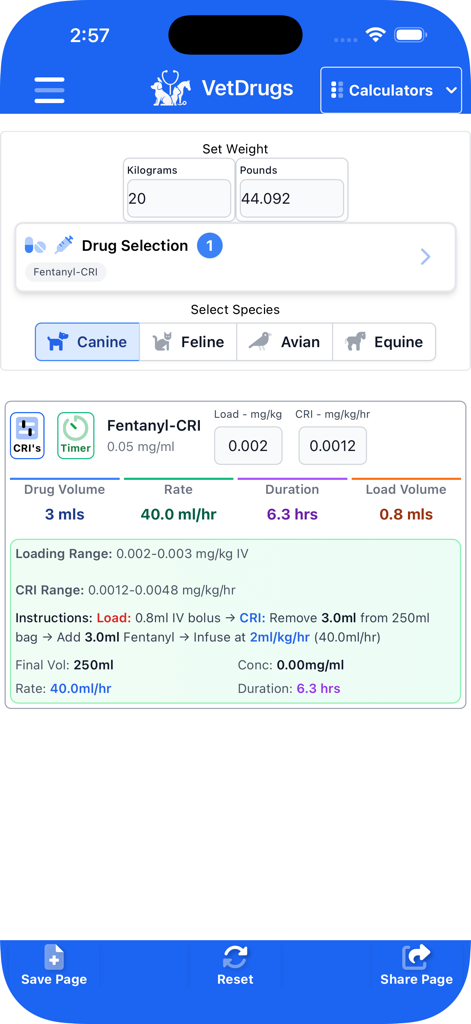 VetDrugs Veterinary Calculator - Interfaccia dell'app VetDrugs che mostra un calcolo CRI di Fentanil per un paziente canino.
