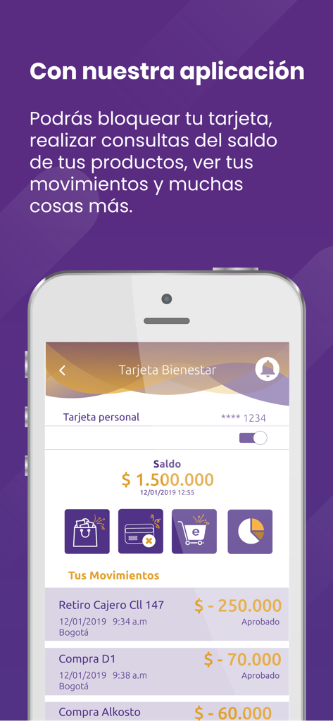 Interface of the Peoplepass mobile app showing a card balance and a list of financial transactions.