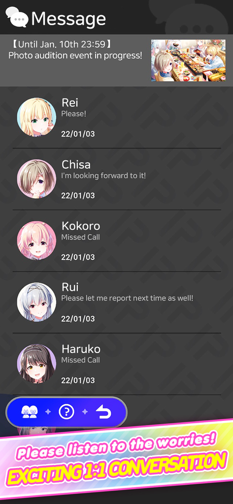 Schermata del gioco mobile Idol Manager che mostra una casella di posta dei messaggi privati con diversi personaggi anime ragazza