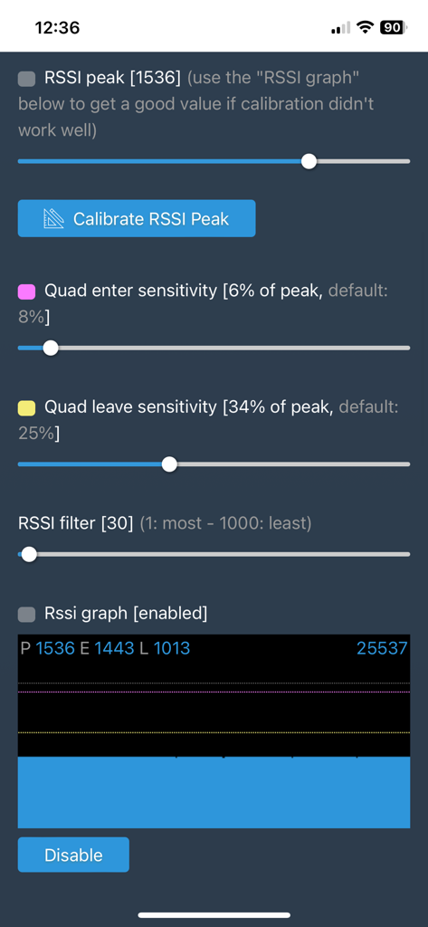 FPVSIM-TIMER - Interfaz para calibrar los ajustes de pico de RSSI y sensibilidad del dron en la aplicación FPVSIM-TIMER.