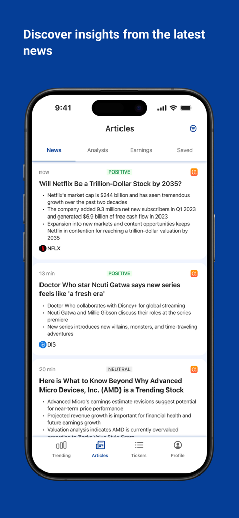 Market Sentiment - Market Sentiment mobile app news feed showing AI-generated financial article summaries and sentiment analysis