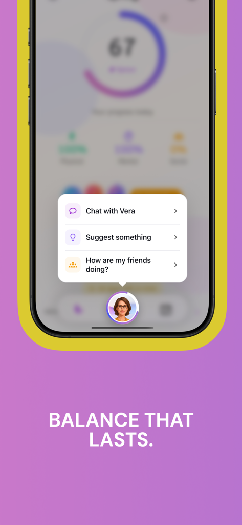 Spring for more healthy years - Interface of the Spring app showing a popup menu for the Vera AI companion with options for chat and social connection