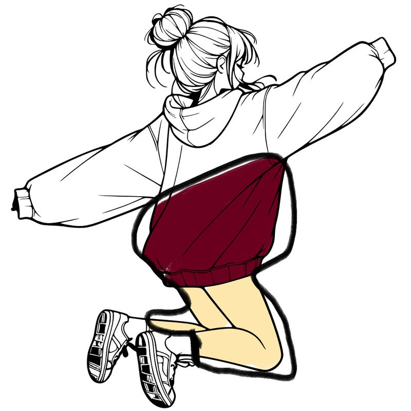 realistic girl jumping with a bun and oversized sweatshirt