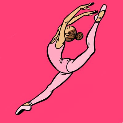 gymnast doing a leap in a leotard with a bent back leg