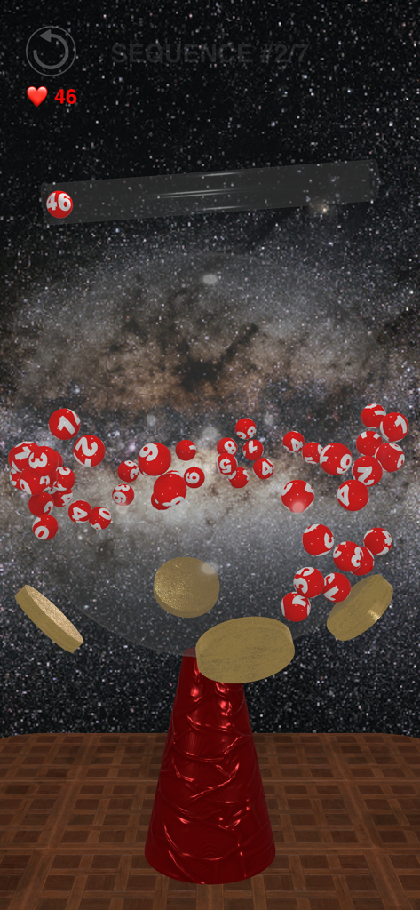 Lottery Wizard 3D - Simulación de sorteo mecánico de Lottery Wizard 3D mostrando bolas numeradas rojas rebotando en una esfera de vidrio contra un fondo de galaxia.