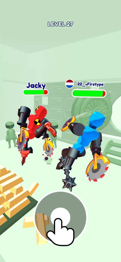 Merge Ragdoll Fighting - Gameplay von Merge Ragdoll Fighting, das angepasste Mutant-Stickmen zeigt, die mit Sägewaffen in einem Tresorraum kämpfen.