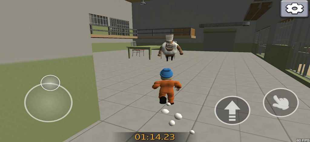 Obby Chapters: Prison Escape - A prisoner character escaping from a funny warden in the Obby Chapters Prison Escape mobile game.