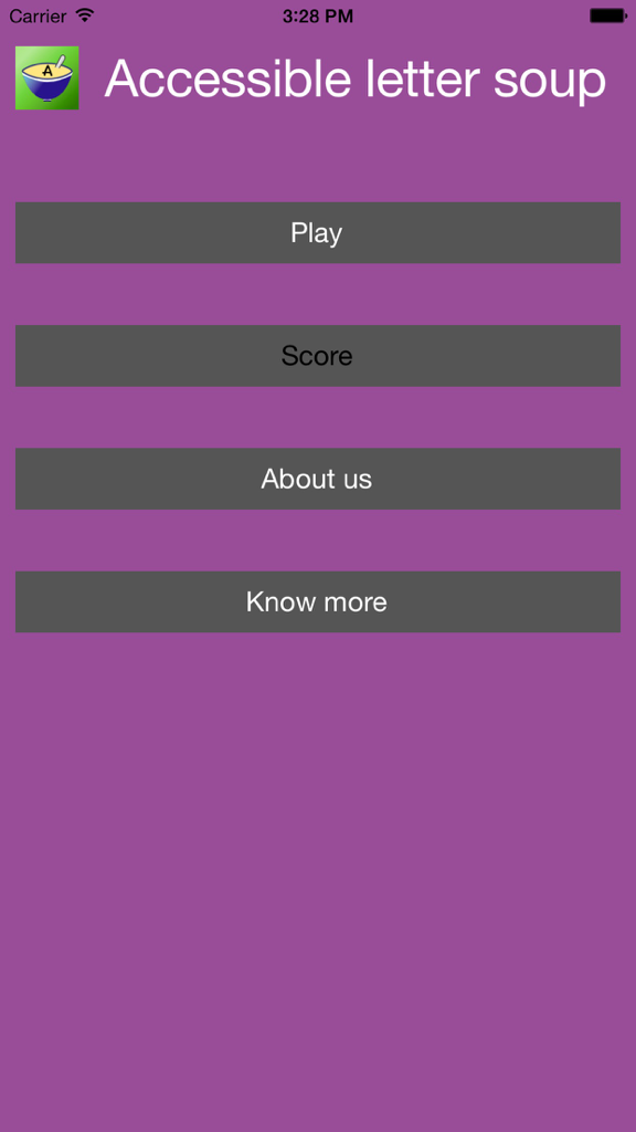 Accessible letter soup - Menú principal de la aplicación Sopa de Letras Accesible mostrando opciones de juego y puntuación sobre un fondo morado.