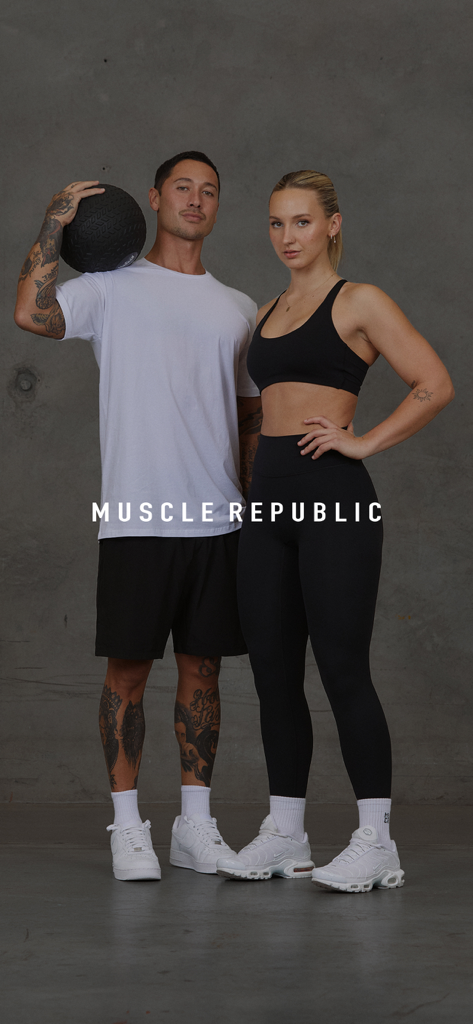 Muscle Republic models in gym activewear posing against a concrete background