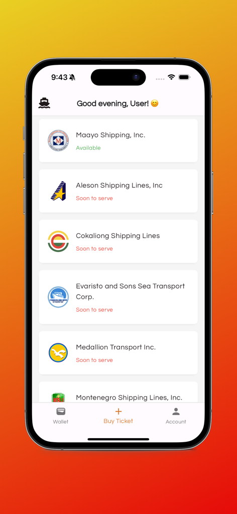Tripket PH - Smartphone screen showing shipping company options in the Tripket PH travel app
