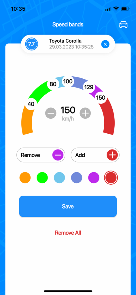 EEVY App-Oberfläche zum Einstellen von Fahrzeuggeschwindigkeitsbereichen und benutzerdefinierten Alarmen für einen Toyota Corolla mit einer farbigen Geschwindigkeitsanzeige