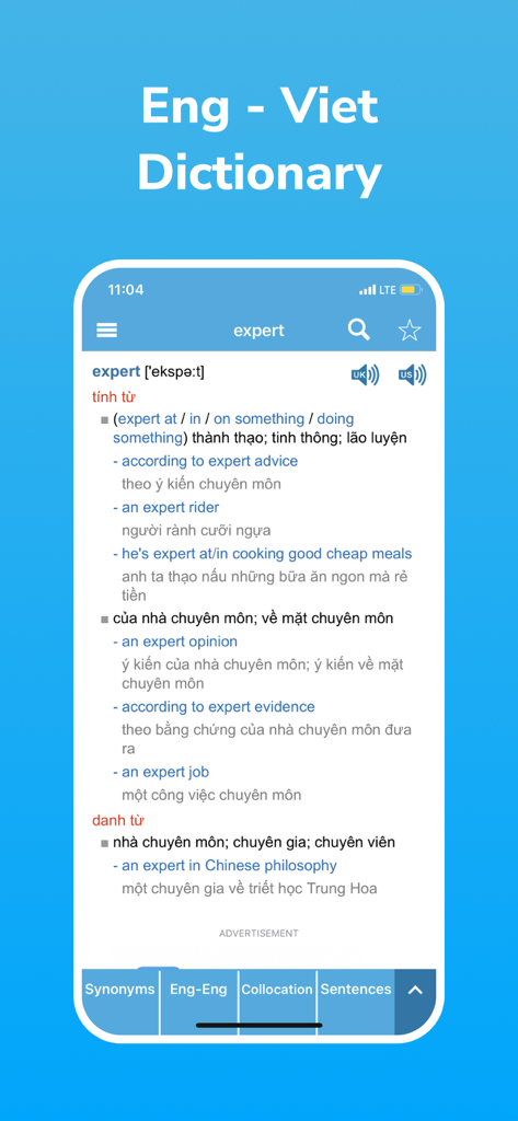 English Dictionary ProDict app interface showing the translation and usage examples for the word expert in Vietnamese.