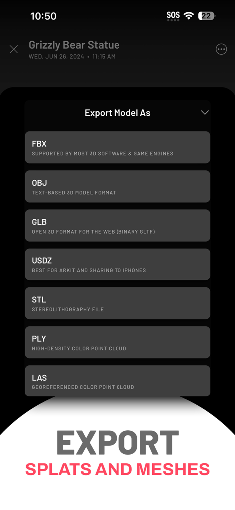 Scaniverse app interface showing a list of 3D export formats including FBX, OBJ, GLB, and USDZ