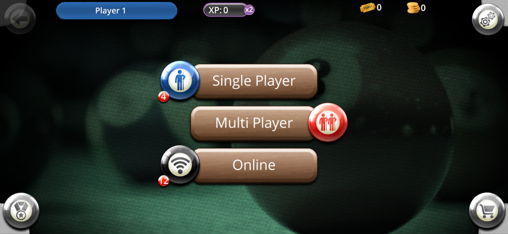 Tournament Pool - Tournament Pool main menu screen with options for single player multi player and online modes
