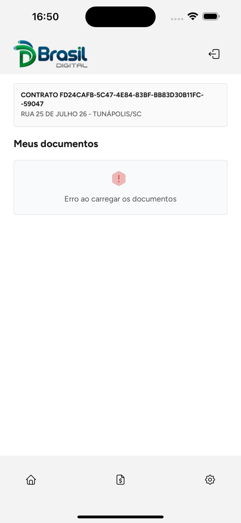 Screen of the Brasil Digital Telecom app showing an error message while loading documents for a service contract.
