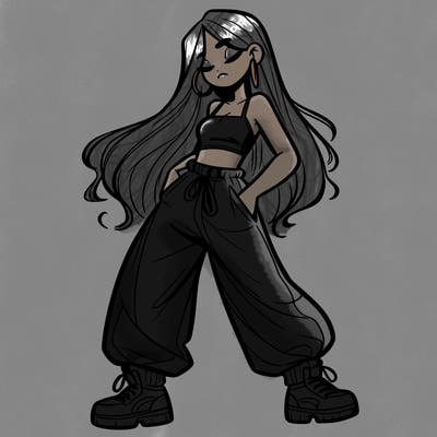 girl in baggy pants crop top and long hair