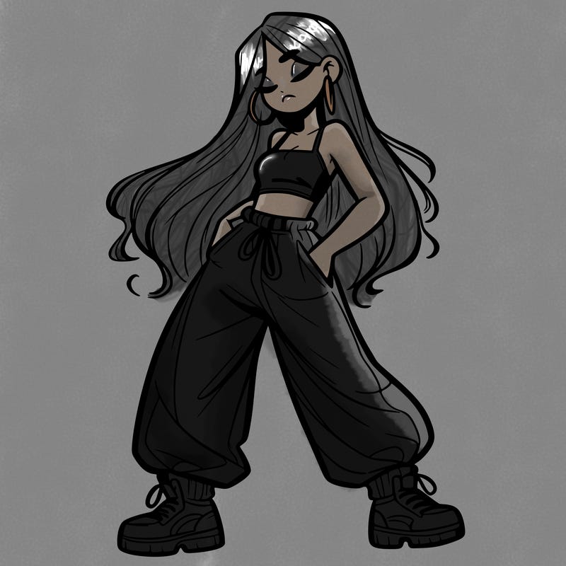 girl in baggy pants crop top and long hair