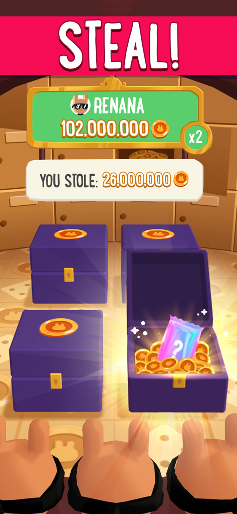 Board Kings gameplay screenshot showing a player stealing coins from another user with open treasure chests