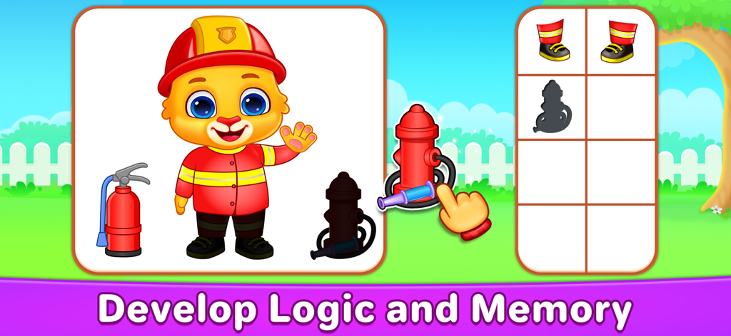 Lernspiel für Kinder mit einem Feuerwehrmann-Löwen und Formen-Matching-Aufgaben