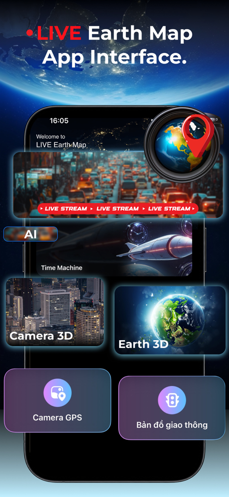 Interface of the TerraCam GPS Satellite app displaying features like live earth maps, 3D views, and navigation tools.