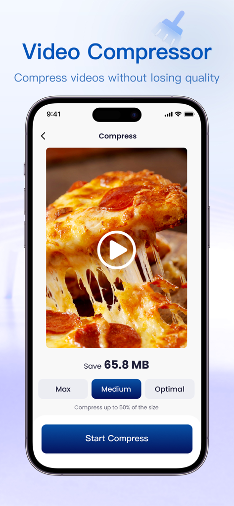 Now Cleaner: AI Photo Cleaner - Interfaz de smartphone de Now Cleaner que muestra la función de compresor de video con una opción para ahorrar 65.8 MB en un video de pizza