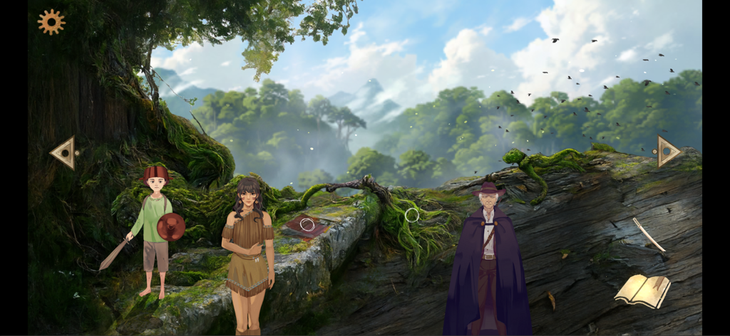 The Apocalypse Sacrifice - Tres personajes de pie en un acantilado cubierto de musgo en un bosque exuberante del juego The Apocalypse Sacrifice