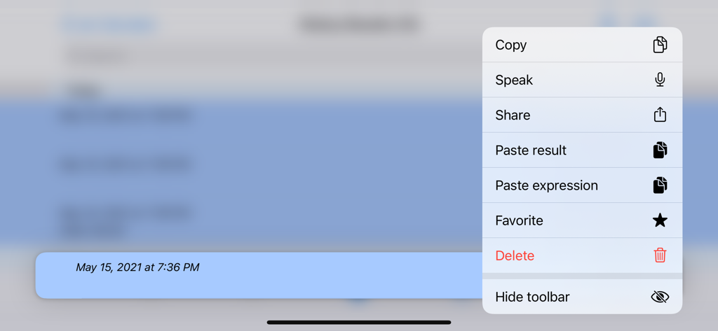 Context menu with options like copy, share, and delete in the All in One Calculator app.